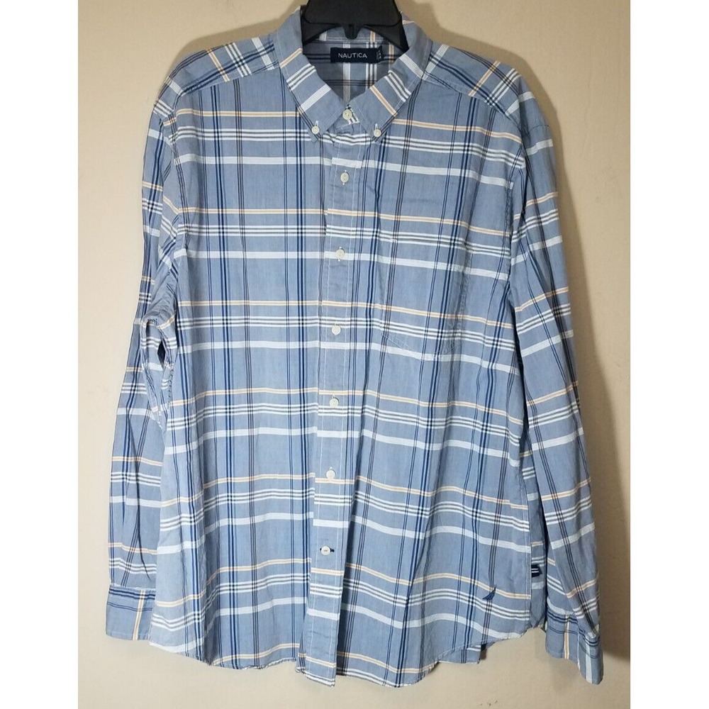 Nautica Shirt Men Size XL Blue Plaid Casual Button Up Long Sleeve Cotton